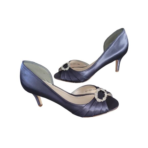 Benjamin Walk Women's Peep Toe Blue Satin Dress Casual Heels w/ Rhinestone Sz 10 - Picture 3 of 6